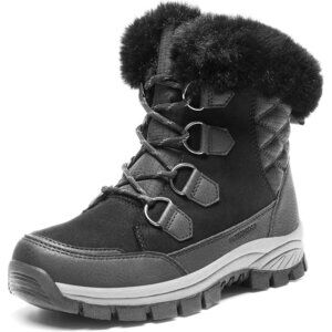 Women’s Black Waterproof Snow Boots Warm Faux Fur Lace Up Mid Calf